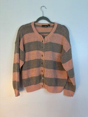Outback Red Vintage Pink Gray Stripe Button Up Cardigan